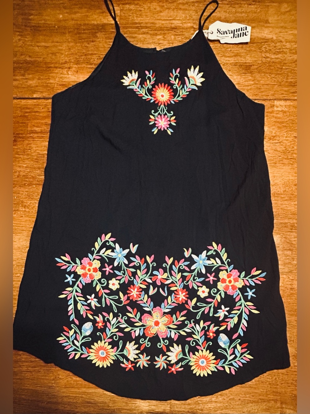 Savanna Jane Black Floral Embroidered Spaghetti Strap Dress